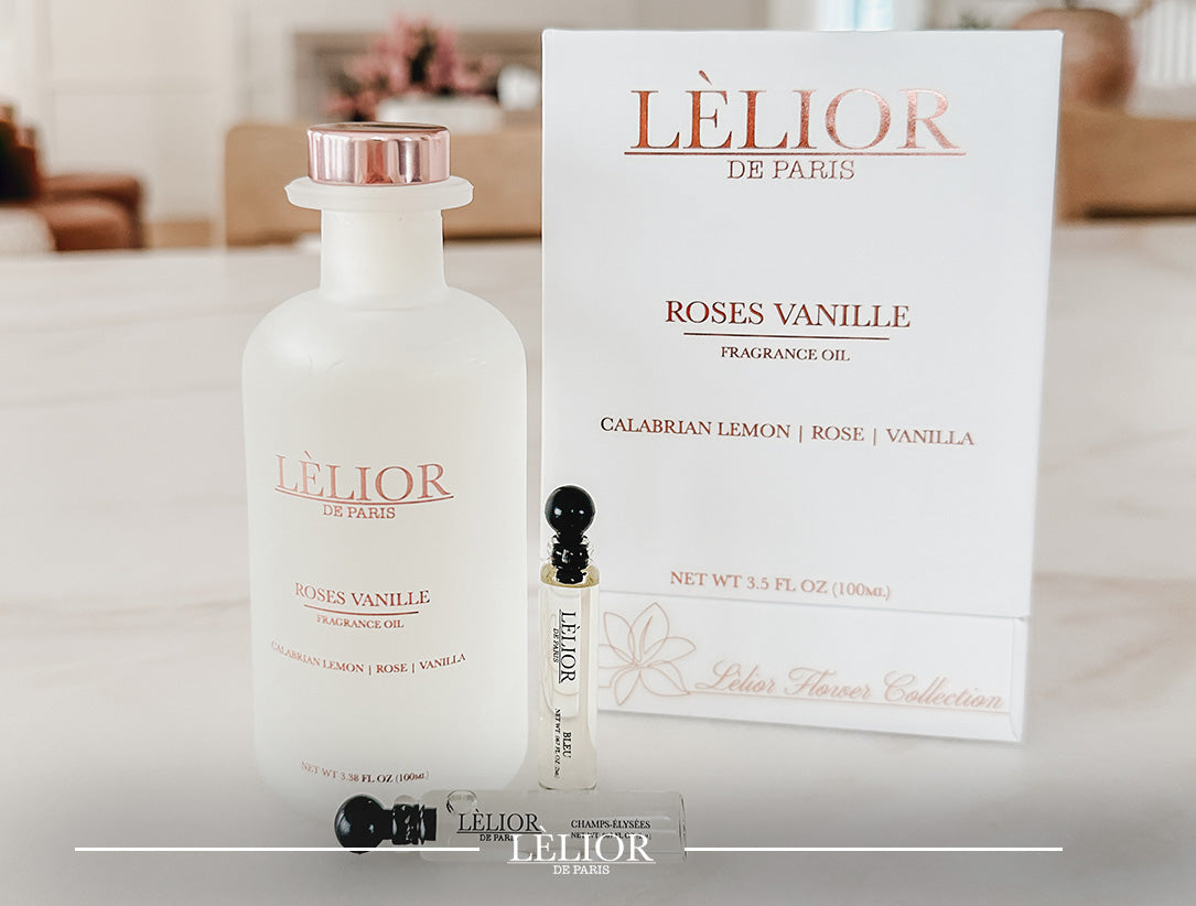Lèlior Roses Vanille Fragrance bottle, packaging and sample bottles on marble table inside beautiful home