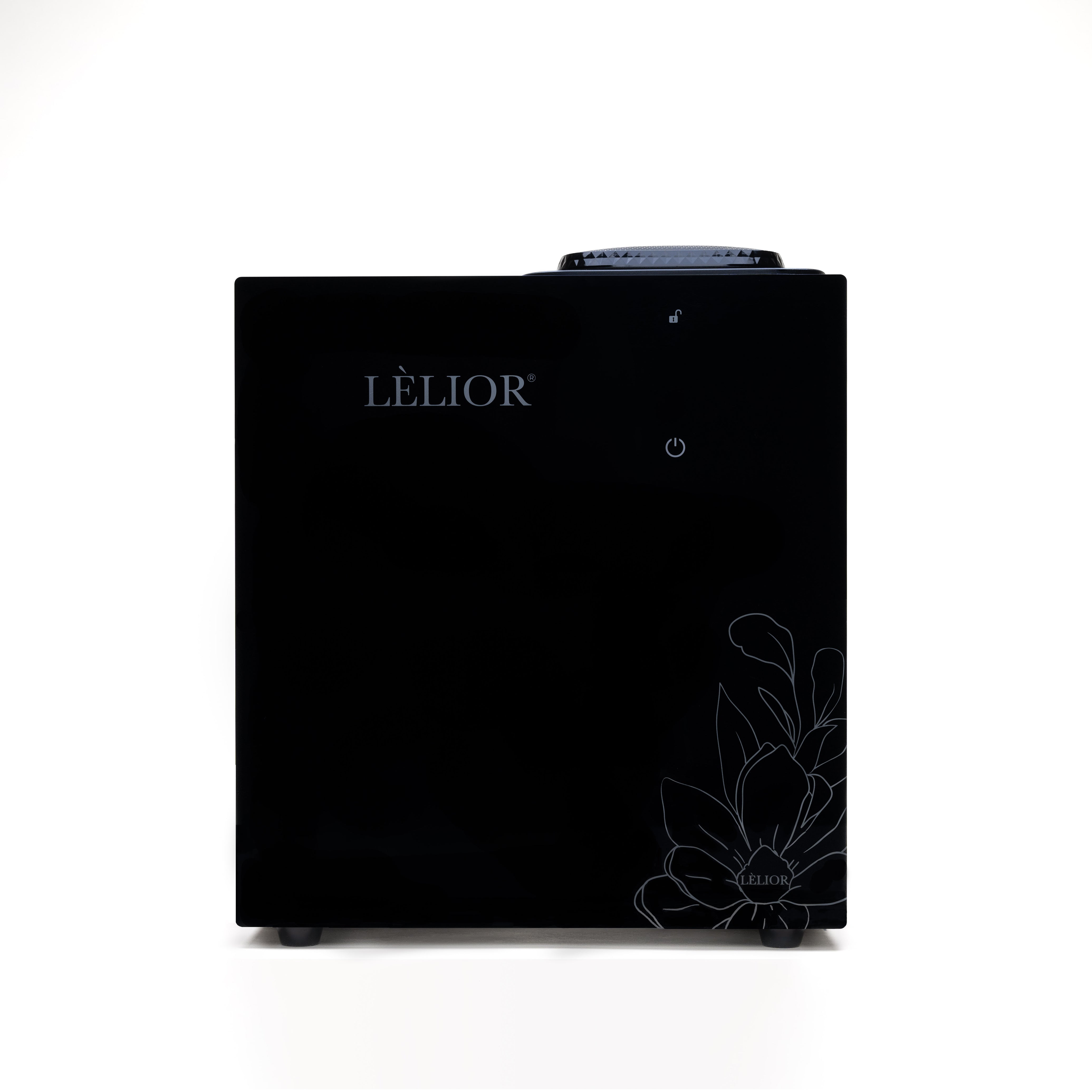 Lélior black scent diffuser with an on/off button, designed for large spaces up to 6,500 square feet, displayed on a white background.