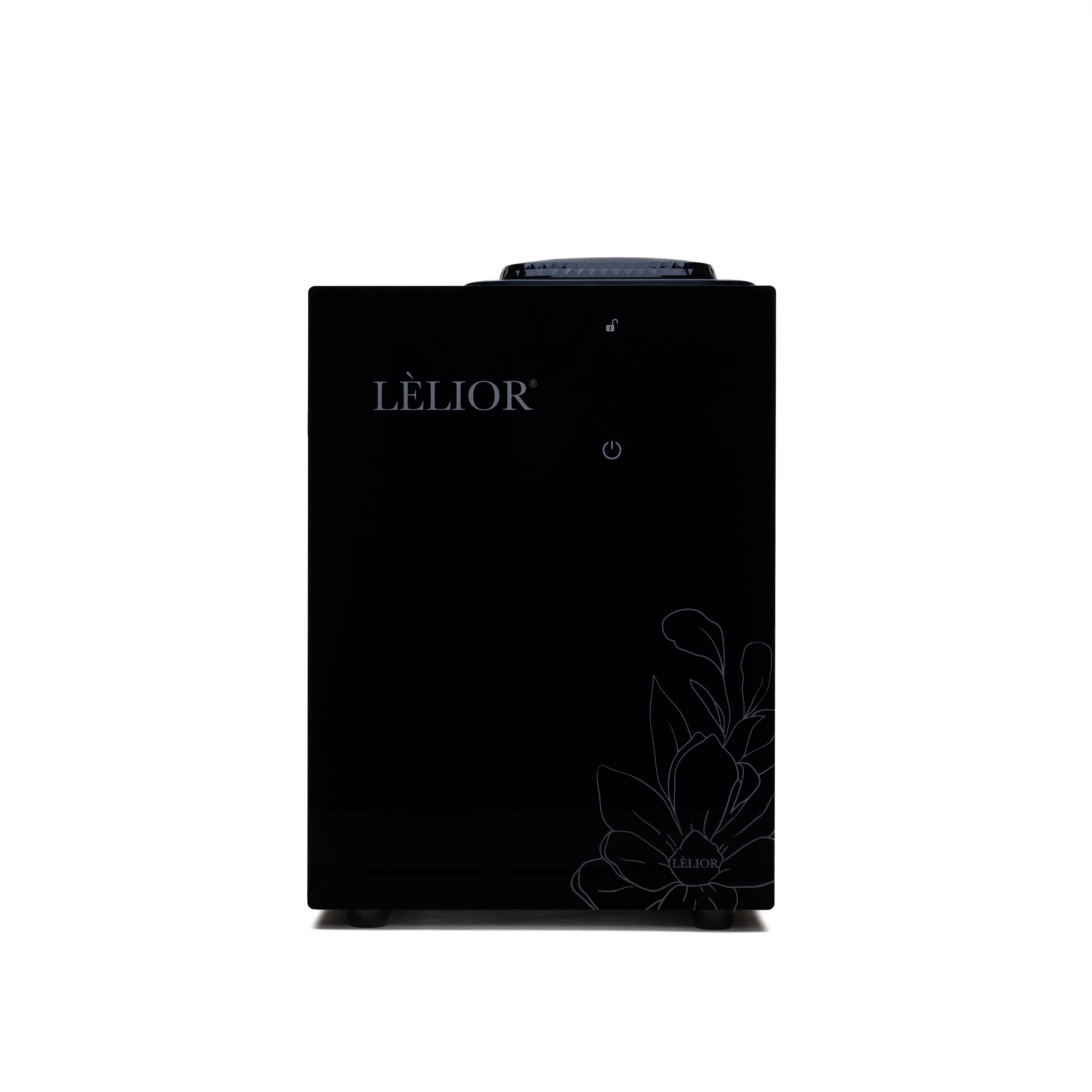 Lélior black scent diffuser with an on/off button, designed for large spaces up to 3,000 square feet, displayed on a white background.