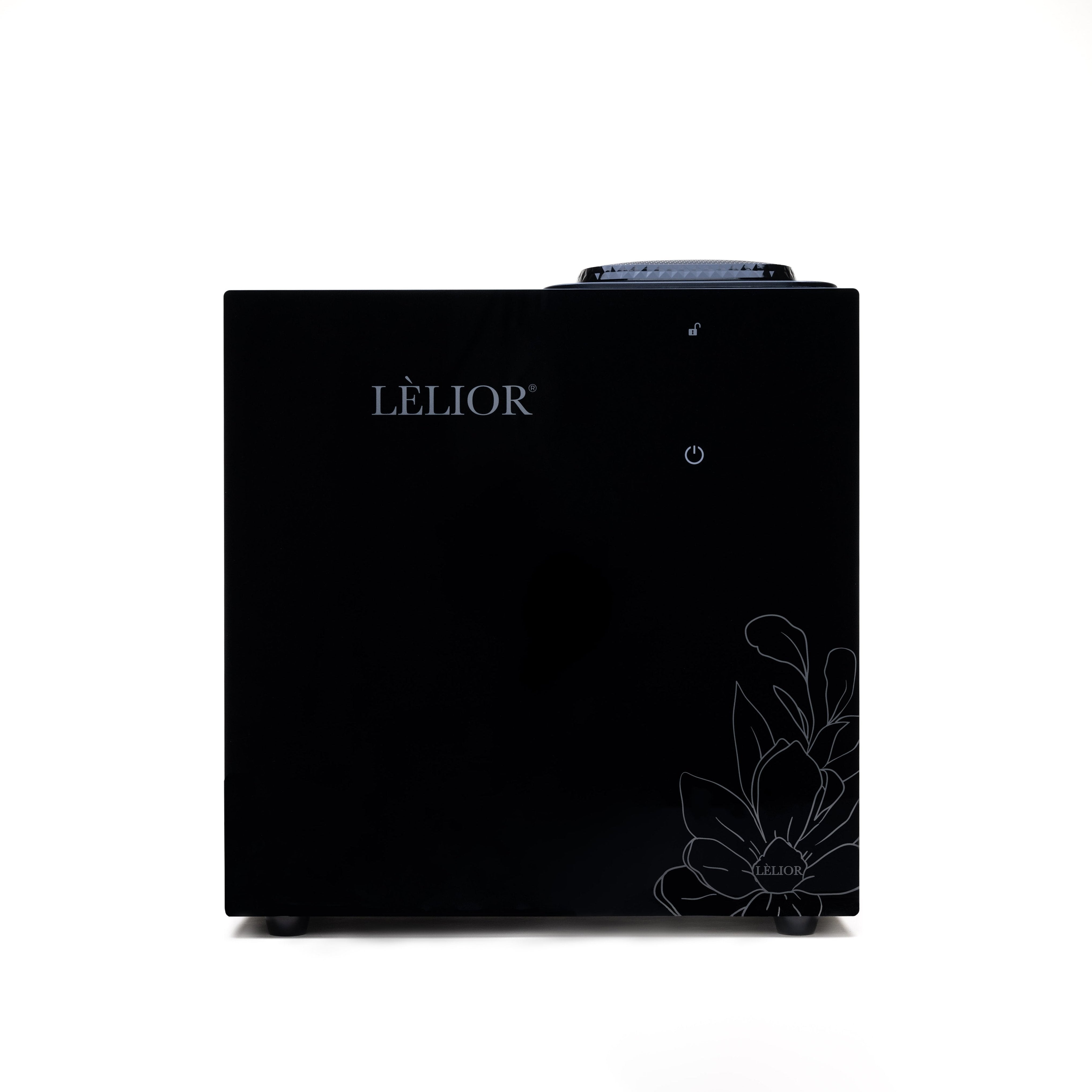 Lélior black scent diffuser with an on/off button, designed for large spaces up to 10,000 square feet, displayed on a white background.