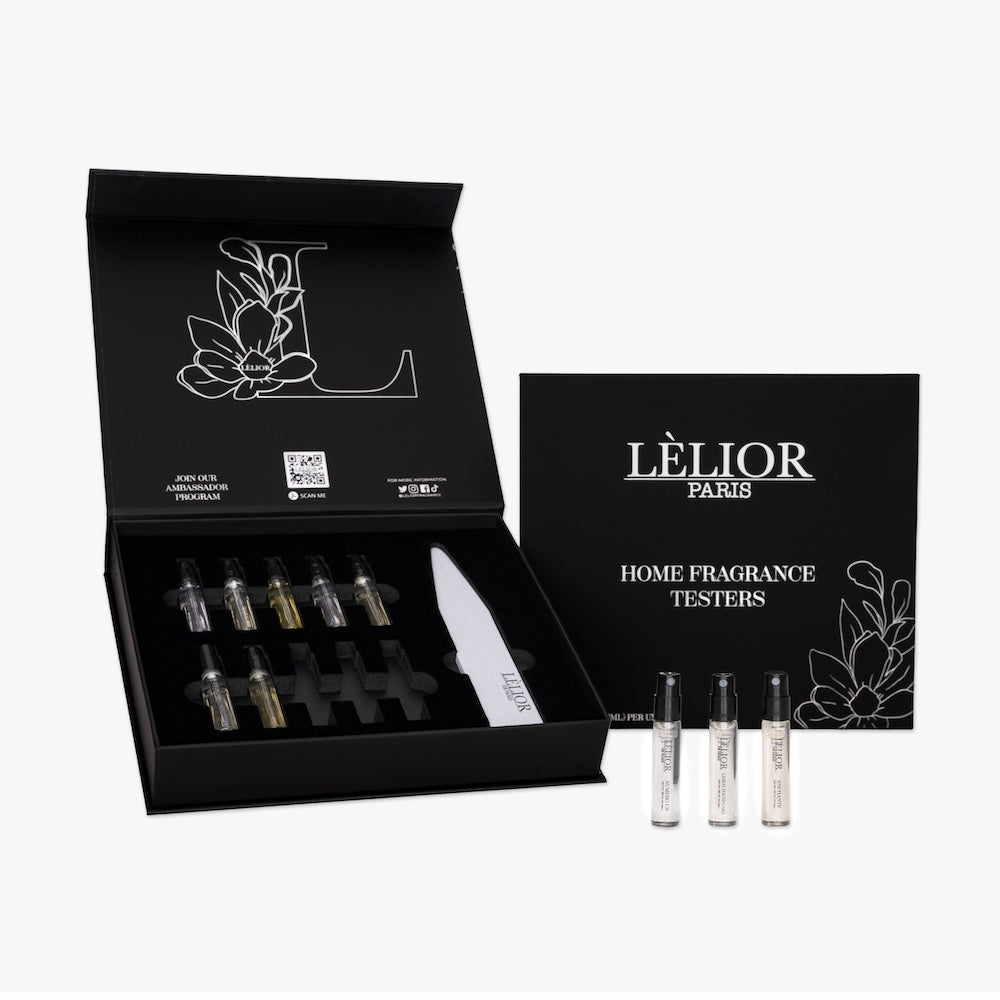 Home fragrance sample kit featuring ten 2ml vials of assorted scents and ten matching tester strips, perfect for exploring a variety of fragrances.